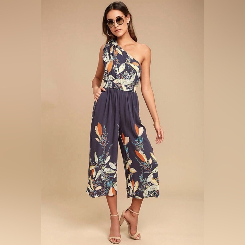 Free People One-Shoulder Floral Jumpsuit in Navy and Orange